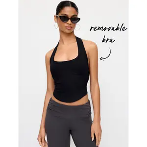 Cider Cotton-blend Scoop Neck Halter Crop Top SummerWins Dealsforyou