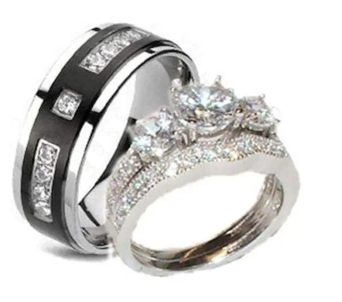 Sterling Silver 3-Piece Wedding Ring Stack Set - Bridal Couples Engagement Bands, Unisex Adults' 2.6 Carat Multi-Stone Cubic Zirconia (Cz) Affordable Jewelry