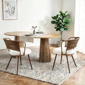 Solid wood stretching dining table + dark brown woven dining chairs 2-piece set - farmhouse style farm chairs