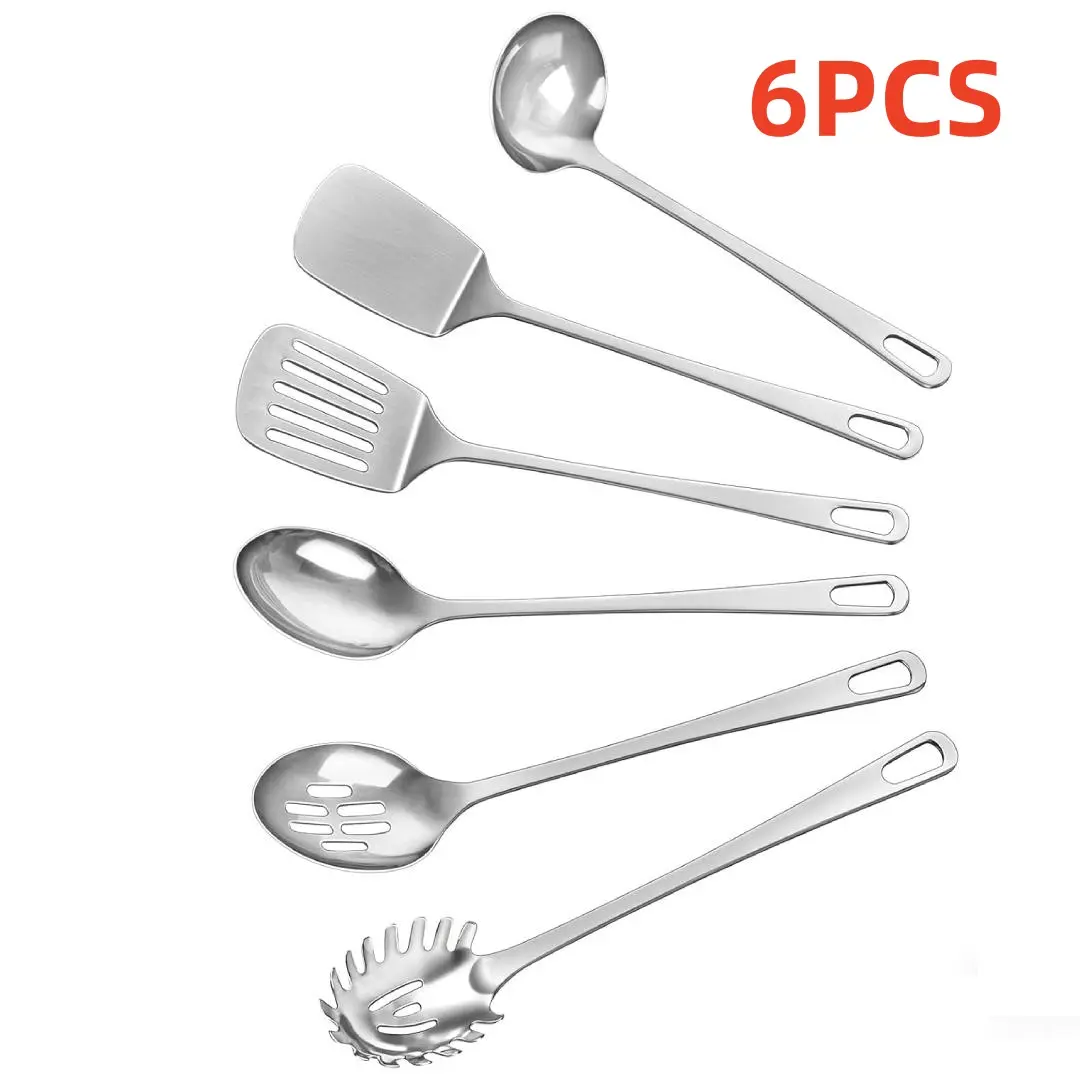 Camp Kitchen 6pcs Thick Sturdy Stainless Steel Cookware Utensil Set - Heat-Resistant Metal Tools with Long Handles, Solid/Slotted Spatulas, Service Spoon, Spaghetti Spatula, Scraper, Easy to Clean, Silver