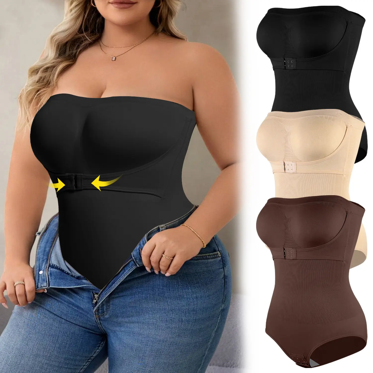 Women's Plus Size  Bodysuit, Strapless Bandeau Style Corset Waist & Tummy Shaping One-Piece Shapewear With Removable Straps, Lady Basic Comfort Farbic Underwear Womenswear, Plus Size Clothing