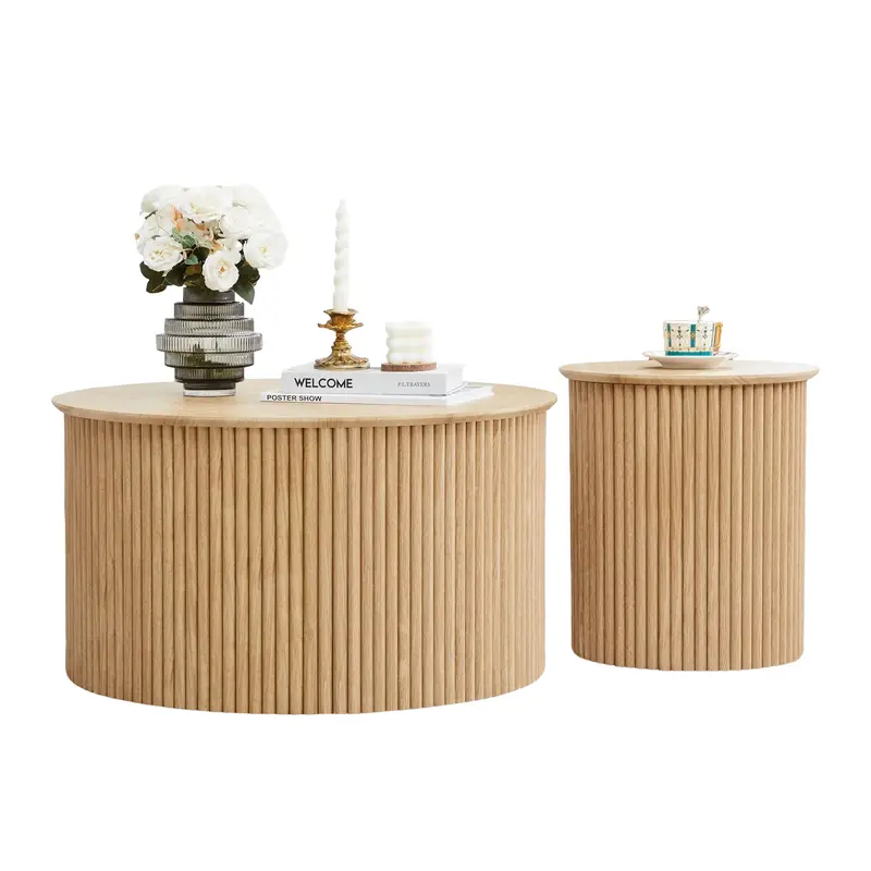 Giratree Fluted Round Nesting Coffee Table Set of 2, Mid Century Modern Wood Coffee Tables and End Table Set, Circle Side Table Minimalist Center Tables for Living Room, Office Giratree Fluted Round Nesting Coffee Table Set of 2, Mid Century Modern Wood Coffee Tables and End Table Set, Circle Side Table Minimalist Center Tables for Living Room, Office
