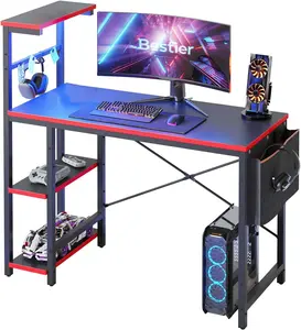 Gaming Desk with LED Lights, 44 Inch PC Gamer Desk for Small Spaces, Computer Desk with Reversible Storage Shelves & Side Storage Bag (Black 3D Carbon Fiber)