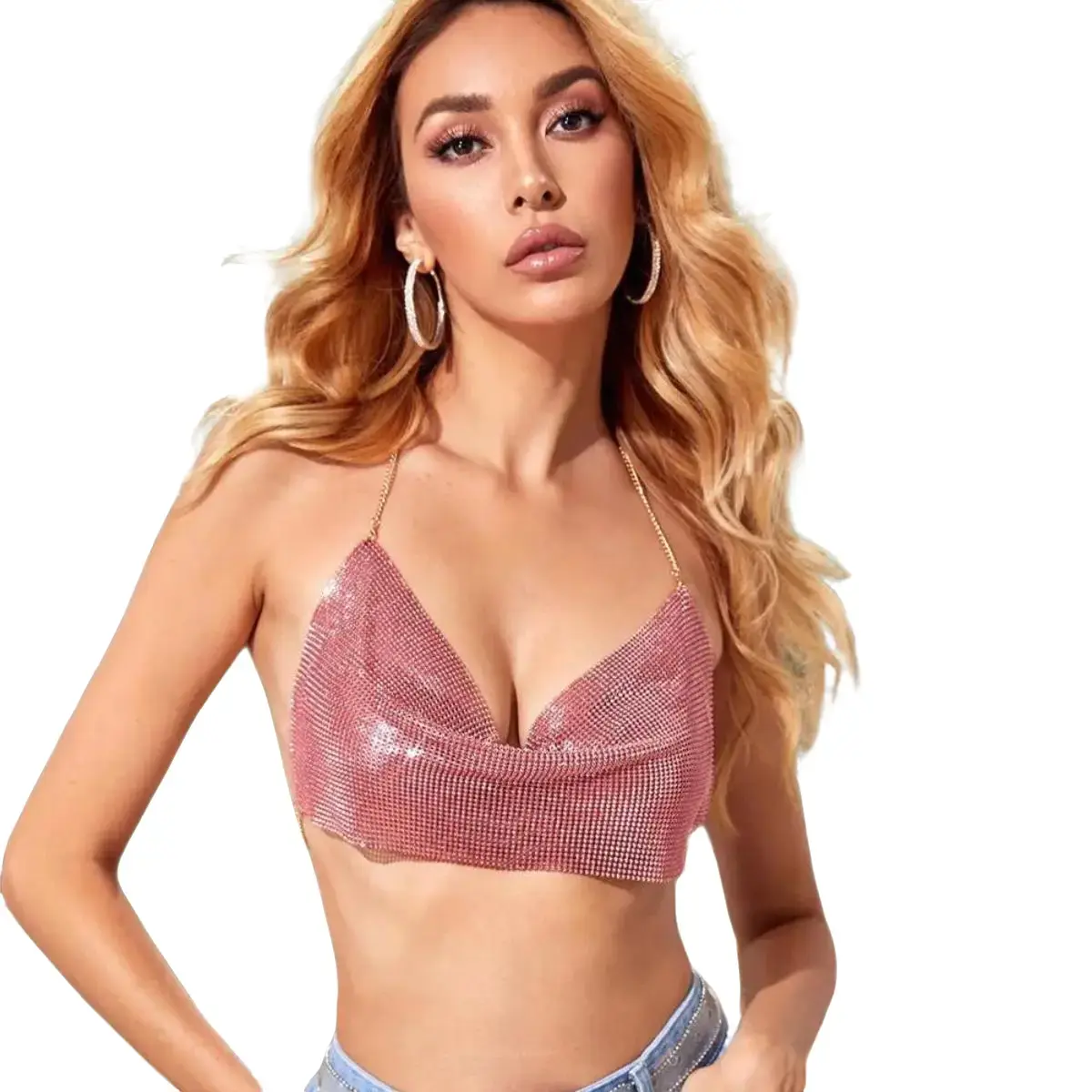 BOO Night out backless V-neck chain crop top. Clothing Knit Womenswear Asymmetrical Basic Chic Fitted Sexy Cute Fashion Party Sequin Drawstring Dress