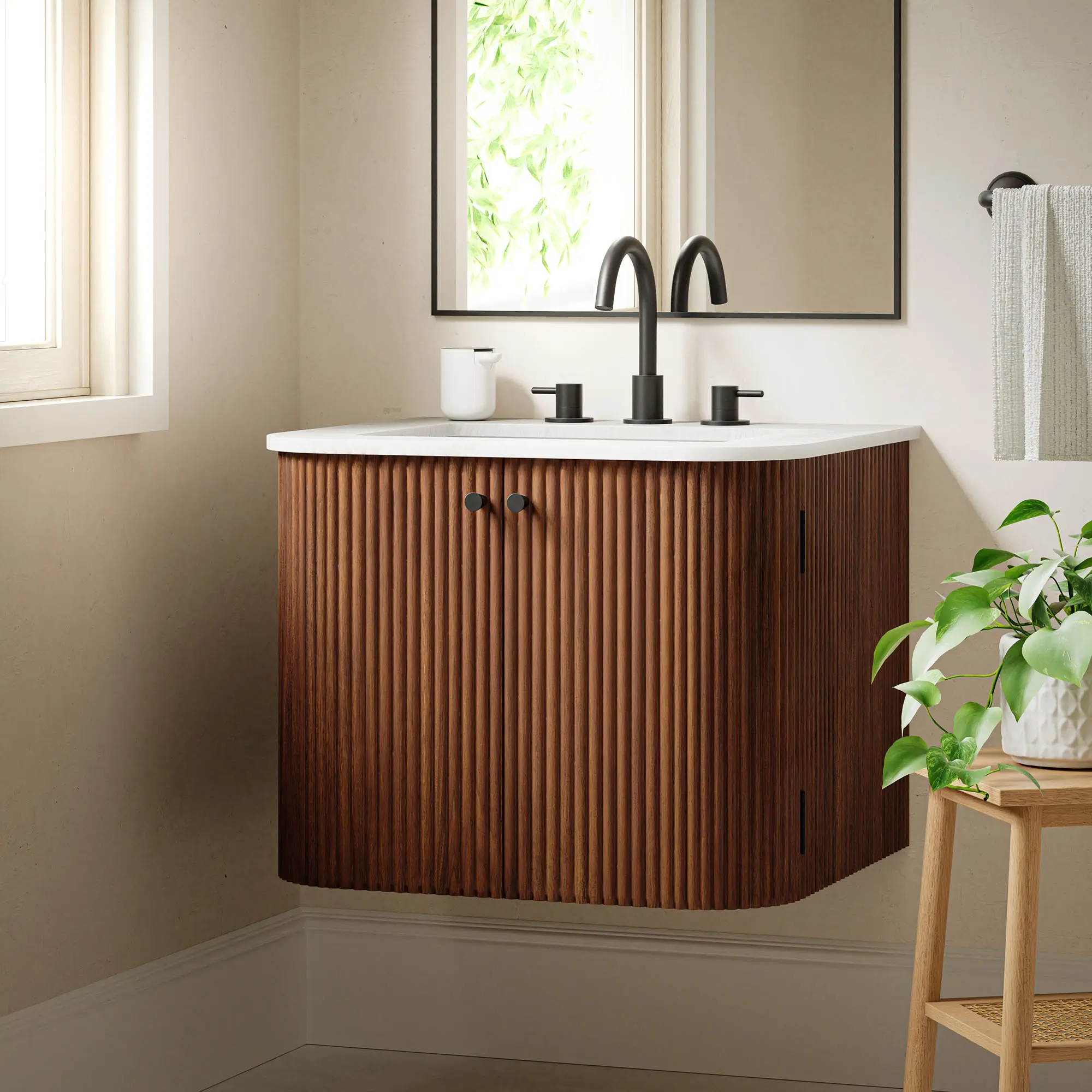 Zia 24" Modern Wood Bathroom Vanity Set, Wall-Mount Walnut Wood Unit with Marble Sink and Soft-Close Doors (Easy Installation Included)