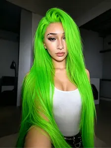 Green Long Silky Straight Wig Neon Green 13x4 Lace Front Wigs Soft HD Transparent Lace Frontal Wig Smooth Colored Long Straight Hair Pre Plucked Natural Hairline Heat Resistant Synthetic Fiber Cosplay Party Wigs Green Lace Front Wigs 28 Inch