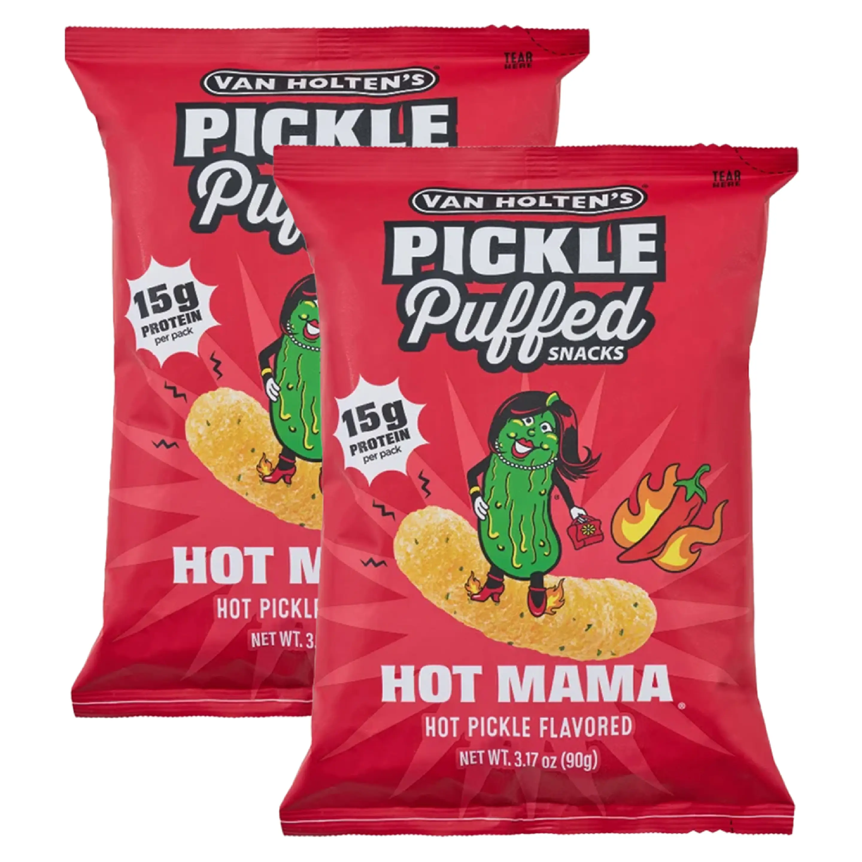 Van Holten's Hot Mama Flavor Spicy Dill Pickle Crisps & Puffed Snacks, Baked, High Protein, Cholesterol-Free - 15g Protein Per Bag, 3.17 oz, 2 Packs