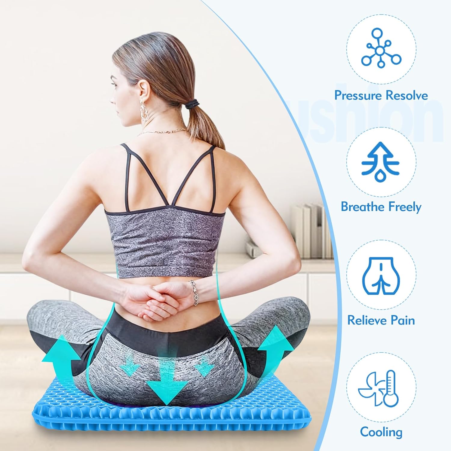 Plus Size Gel Cushion for Long Sitting, Breathable Honeycomb Pressure Relief Pad for Office Chair, Car & Wheelchair (Plus Size - Blue)