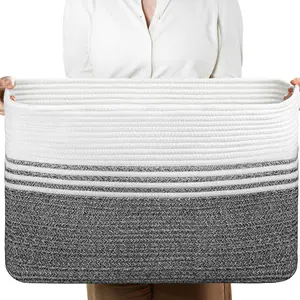 Sowyem Large Blanket Basket, Woven Basket For Storage Rectangle Dirty Clothes Basket For Laundry, Nursery Blanket Basket Living Room, Bedroom Rope Storage Basket For Blankets, Toys, 22" X 17" X 13", 80L-Light Brown