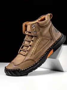 Men's Solid High-Top PU Leather Outdoor Hiking Boots, Casual Comfortable Anti-Slip & Wear-Resistant Lace Up Flat Outdoor Sports Boots, Fashionable Boots for Outdoor Activities, Trekking Shoes