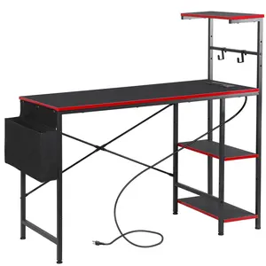 ZENY 44-in LED Gaming Desk - Reversible Metal Frame Computer Desk with Power Outlets, Adjustable Hooks, Storage Bag, 4-Tier Adjustable Shelves, 66lbs Top Capacity, 20lbs Shelf Capacity, Black & Red, 7 Colors, 20 Modes, Desks For Gaming