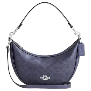 COACH Aria 26 Silver Logo Pearlized Print Synthetic Leather Shoulder Bag Medium Women's Navy Blue