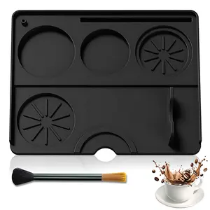 Espresso Tamping Mat with Cleaning Brush, Silicone Coffee Tamper Mat & Portafilter Holder, 4 Fluted Round Holes to Storage, Anti-Slip Espresso Tamping Station for Counter Machine Accessories, 9.8 inch x 7.9 inch