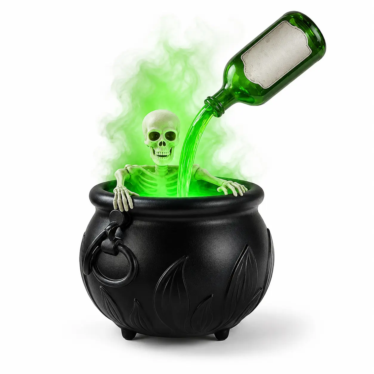 Halloween Witch Cauldron Decoration, 8 x 8 x 11 in Glowing Skeleton Cauldron with Green LED Light, Spooky Sound Effects and Pouring Potion Bottle Design, Battery-Operated Halloween Prop for Indoor Home, Porch, Party Table and Haunted House Decor