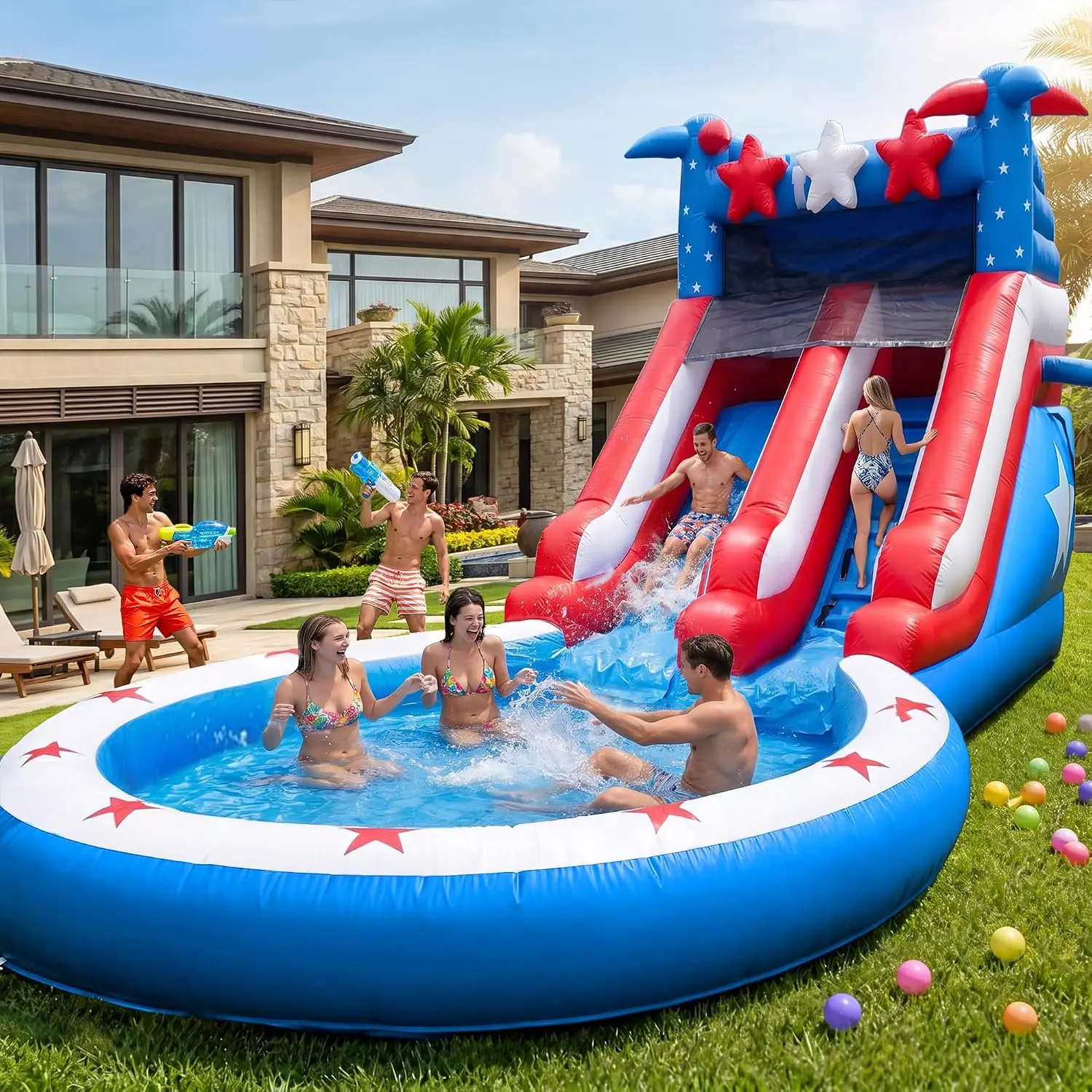 24.3ft PVC Commercial Inflatable Water Slide for Big Kids Adults | 12.8ft Large Inflatable Pool, 11.5ft Tall Heavy Duty Wet/Dry Water Slide for Backyard, Kid's Birthday Party Without Blower