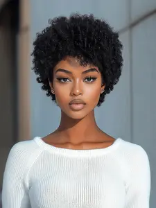 Premium Afro Kinky Curly Human Hair Wig, Natural Looking Wigs, For Women 100 Percent Natural 4B 4C Brazilian Hair Machine Made Natural Black Color Pixie Cut Fluffy Layered Style With Bangs Soft Volume For Daily Wear And Effortless Natural Texture