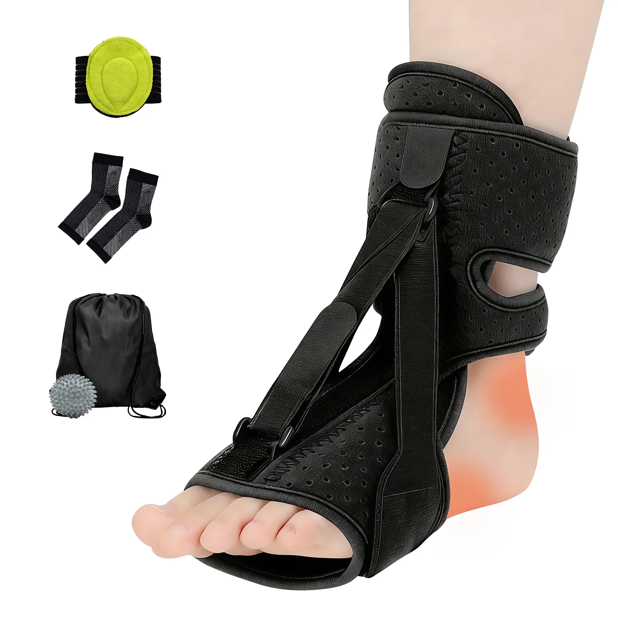 Upgrade Plantar Fasciitis Night Splint and Brace,plantar fasciitis relief with Soft Memory Foam Pad,achilles tendonitis brace for Women & Men,with Massage Ball for Tension Relief,Arch Pain, Heel Spur, Foot-drop and Achilles Tendonitis