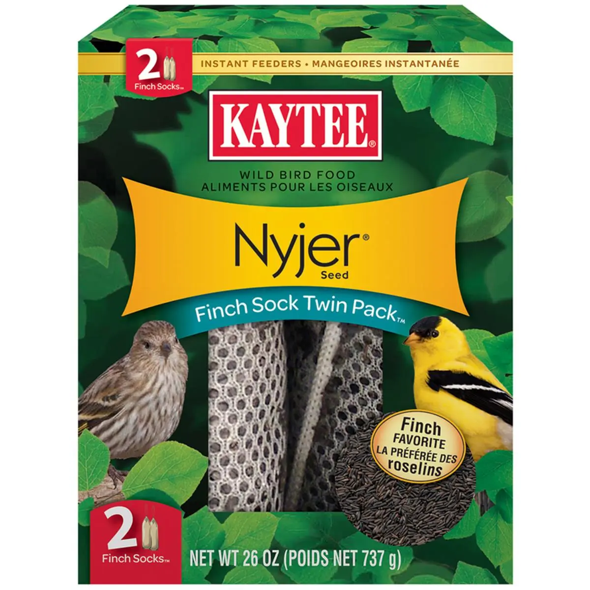 Kaytee 26 oz Twin-Pack Finch Sock Bird Feeders, Soft Mesh Design, Multiple Perches, Bird-Attracting, Compatible with Premium Seed, Backyard Finch Feeding Tool, Finch Sock Feeders