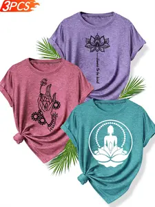 3Pcs Women's Crew Neck T-Shirts, Buddha Hand & Lotus Zen Print Set, Multiple Colors Available, Machine Washable, Spring & Summer Tops, Soft Skin-Friendly Fabric, Daily Versatile, Fashion Design
