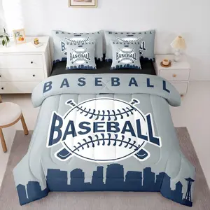 Kids Baseball 7 Piece Bedding Set for Bed,Baseball City Bed In A Bag Sports Ball Games Comforter Set with Sheets City Building Silhouette Bed Set,For Boys Teens Adult,Grey Navy Blue
