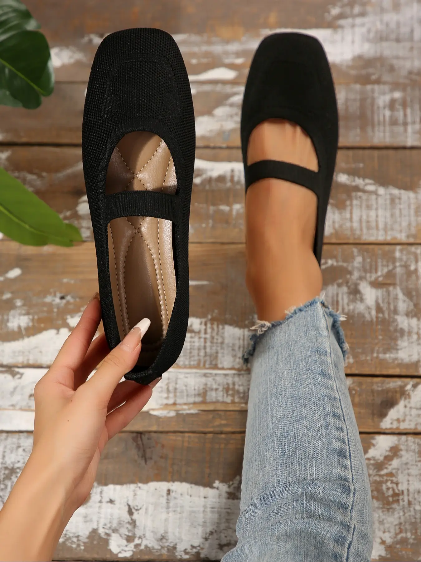 Women's Square Toe Shape Knit Mary Jane Shoes, Plain Design, Elastic Back Strap, Slip-On Comfort, Casual Commute, All Seasons, Walking Shoes, Flat, Casual Flats