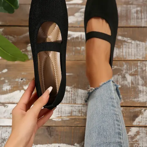 Women's Square Toe Knit Mary Jane Shoes Flat, Plain Design, Elastic Back Strap, Slip-On Comfort, Casual Commute, All Seasons