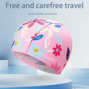 Comfortable Cartoon Print Stretch Teen Swim Cap, Non-Irritating Ear Hat, Long Hair Protective Swim Cap, Pool Swim Cap