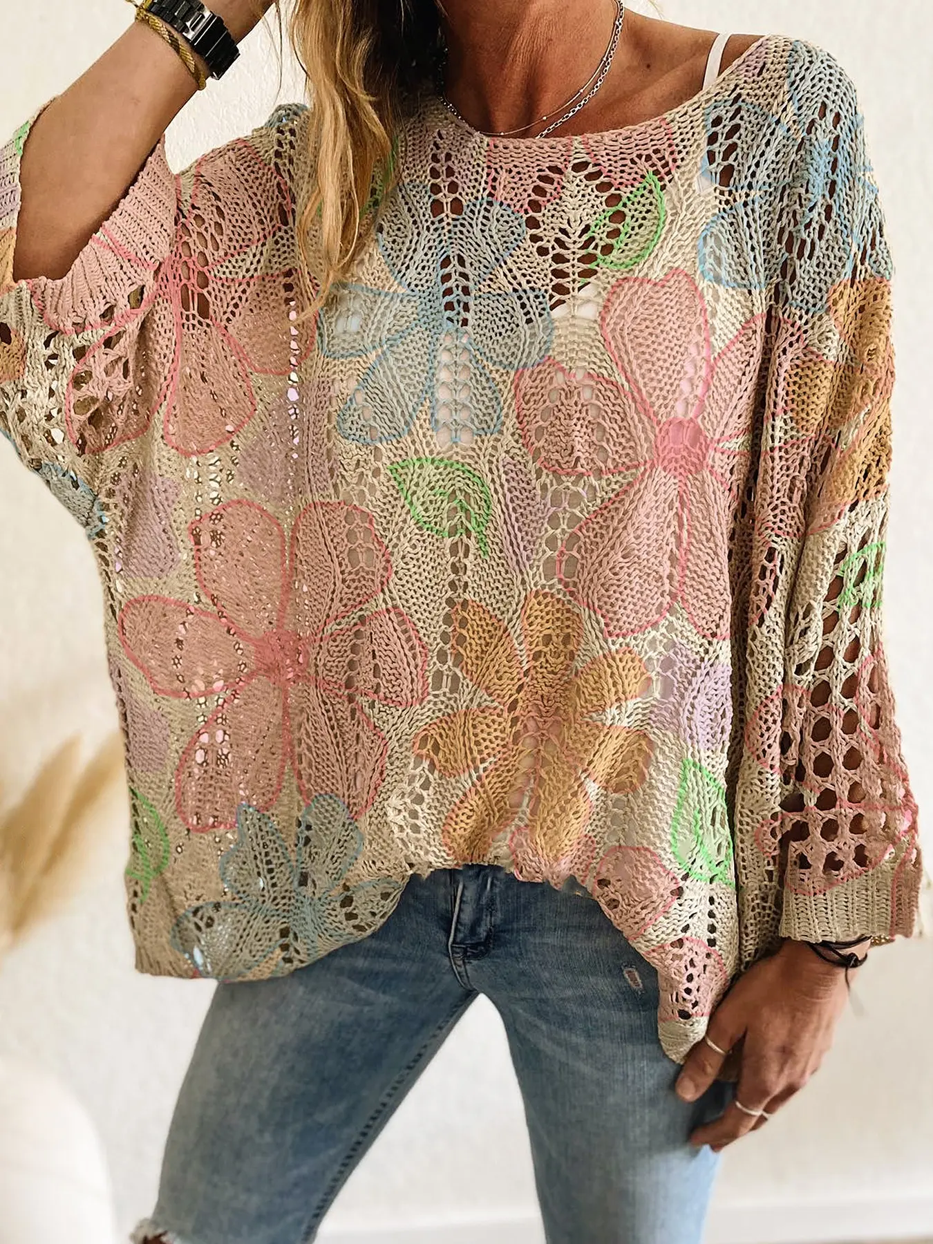 Women's Elegant Style Cartoon Print Floral Knit Top, One Shoulder Hollow Out Batwing Sleeve, Boho Casual Jumper, Casual Everyday Summer Vacation Wear, Fitted Long Sleeve Sweater, Knitwear, Womenswear
