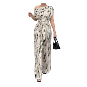 Women’s Striped One-Shoulder Jumpsuit – Tie Waist, Wide Leg, Flowy Summer Outfit