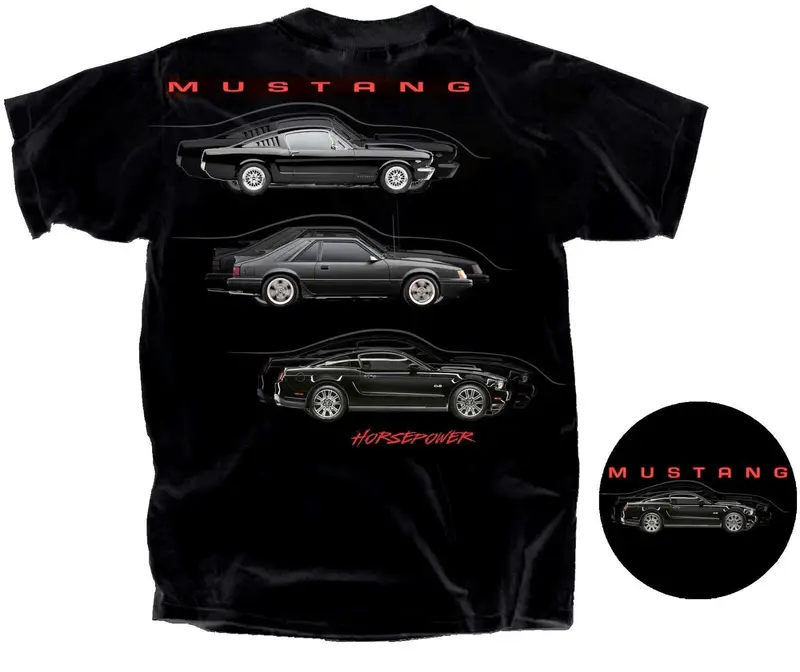 Ford Mustang Horsepower 2-Sided Tee, 1st–3rd–5th Gen Fastback Car Grap hic T-Shirt, Gift for Car Guys