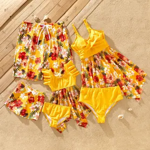 PatPat Family Matching Floral Drawstring Swim Trunks or Flowy Spliced Mesh Swim Dress with Triangle Swim Bottom Spingtok