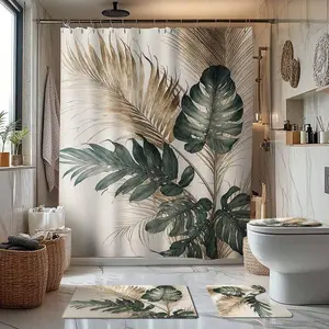 Tropical Leaf Gold Green Bathroom Set 14pcs Shower Curtain Bath Mat U Toilet Mat Lid Cover Waterproof Polyester Machine Washable No Drilling Modern Style