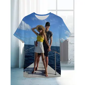 Customized 3D Print Couple T-Shirt - Personalized Photo Design, Breathable Polyester Blend, Round Neck Short Sleeve, Full-Body Print for Summer Casual Wear, Beach Outings & Romantic Gifts