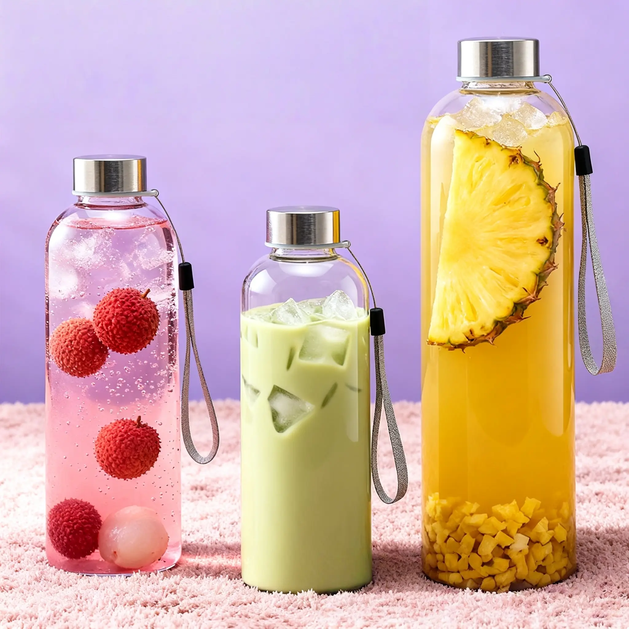 Set of 5 Glass Water Bottles with Stainless Steel Lids, 25oz & 33oz Clear Reusable Juice Bottles, 100% Leak‑Proof BPA‑Free Portable Drinkware with Carrying Lanyard, for Juicing, Refrigerator Storage & On‑the‑Go Hydration