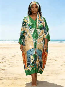 Plus Size High Elastic Two-Piece Set Tropical Scenery Printed Robe & Headscarf, Women's Beach Swimwear Cover-Up, Beach Swimsuit Cover, Bathing Suit Cover, Loose Muslim Abaya, Casual Home Nightgown, Long Holiday Dress