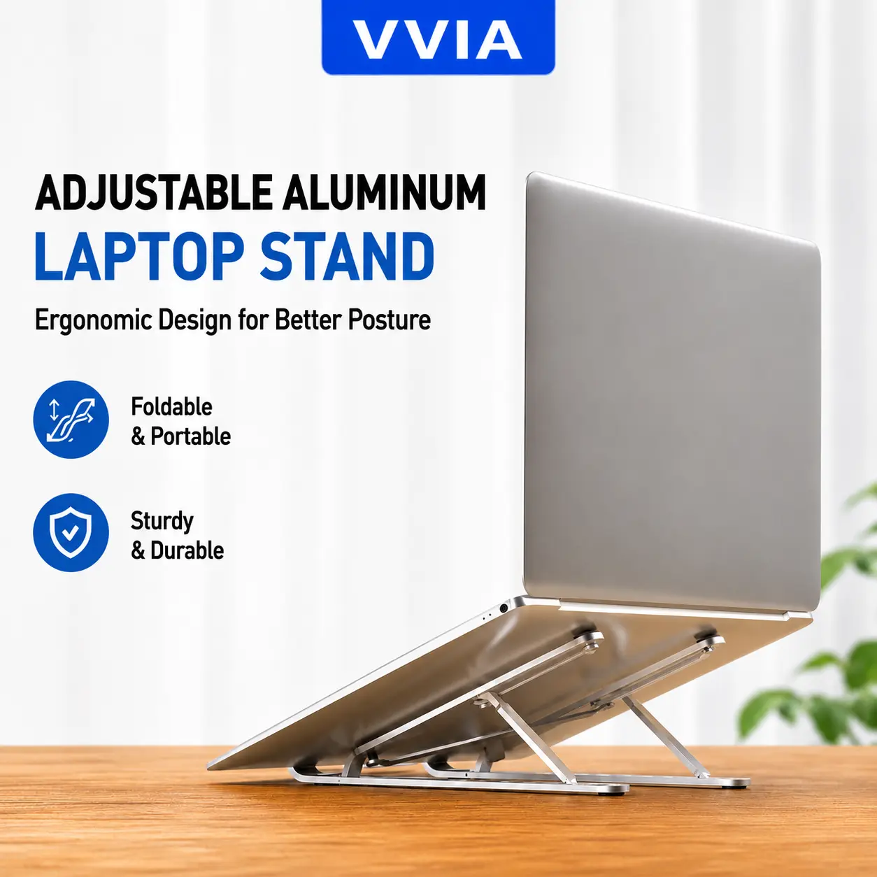 Adjustable Aluminum Laptop Stand, Foldable Portable Laptop Holder Riser for 10–15.6 Inch Laptops & Tablets, 7-Level Height Adjustment, Ergonomic Computer Stand with Anti-Slip Pads, Silver