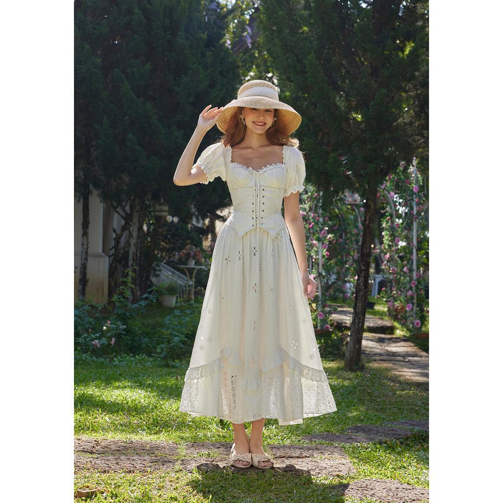 "I Flipped" Corset Dress - Heartache Design Retro Pastoral Style 100% Cotton Shell with Fishbone Support for Attractive Curves White Fashion graduation dress