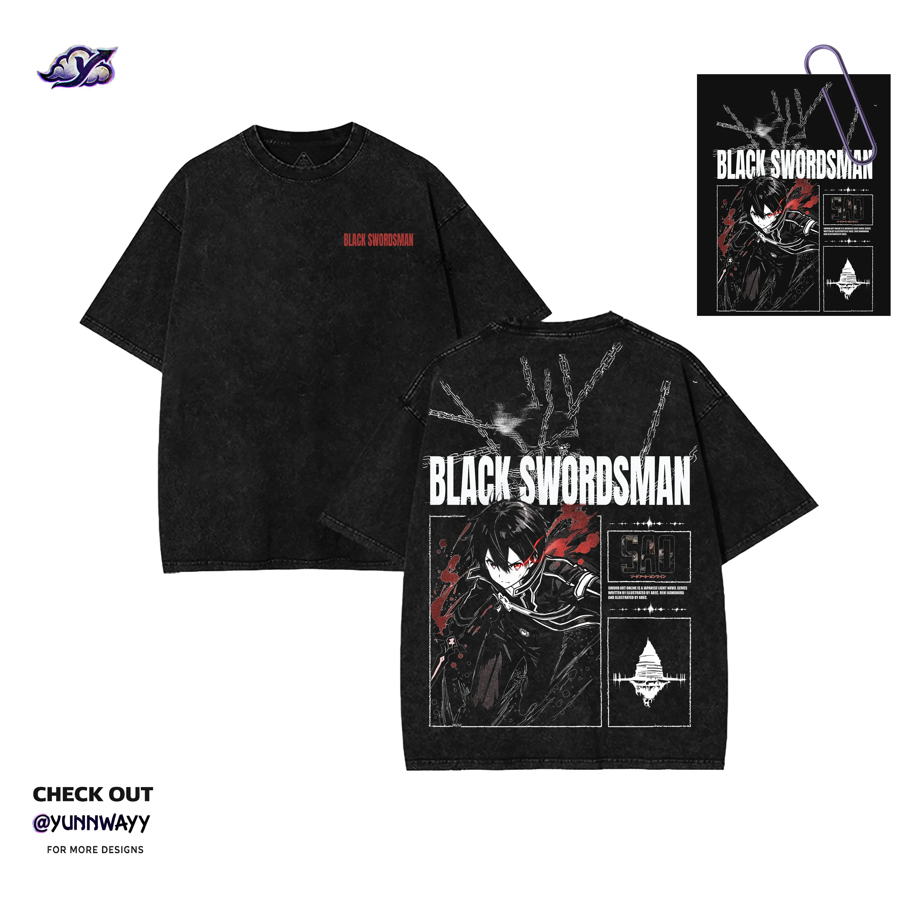 YUNNWAYY Black Swordsman Kirito Anime Graphic Shirt, Vintage Heavy Metal Acid Wash Cotton Men's T-shirt, Everyday Casual Streetwear Anime Fan Apparel