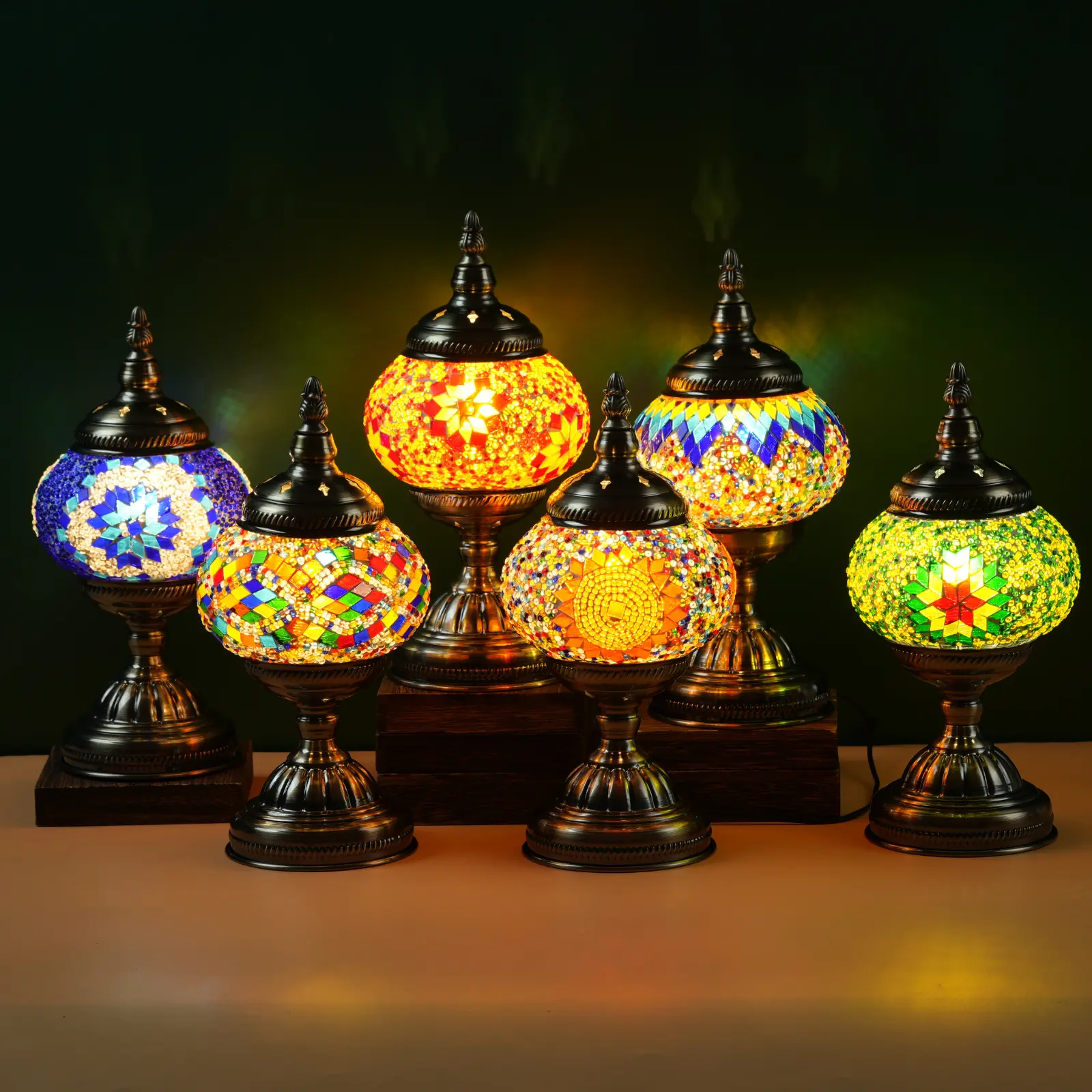Turkish Moroccan Mosaic Table Lamp, Handmade Stained Glass Bedside Night Light, 3 Color Temperature Dimmable, Stable Metal Base, Decorative Lantern Lamp for Bedroom Living Room, Bulb Included