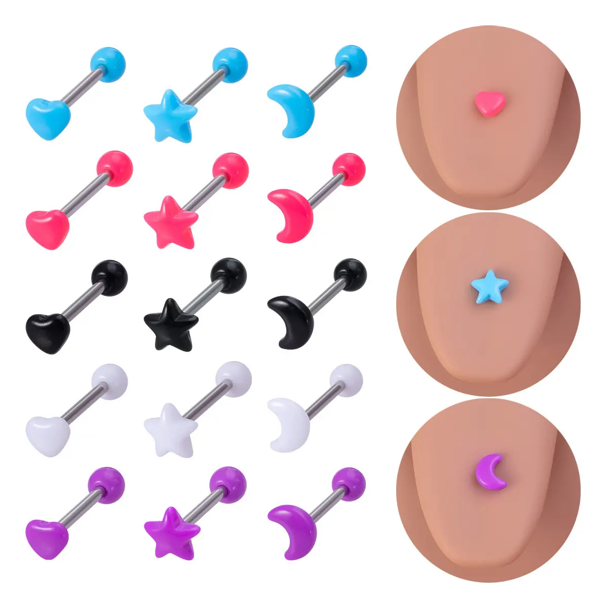 15PCS Star&Heart&Moon Top Stainless Steel Tongue Rings Set