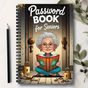 Cartoon Spiral Password Notebook for Seniors, 70 Pages, Lock Pattern, Secure Password Management, Home Office Use, Personal Journal