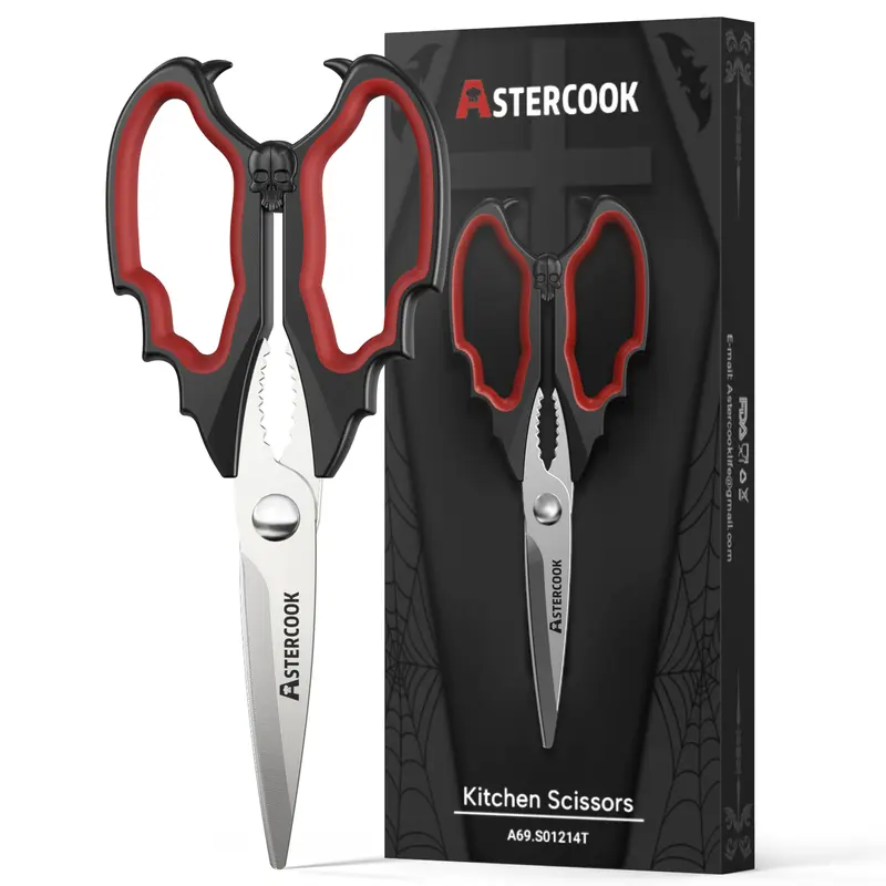 【Halloween Sale】 Astercook Kitchen Shears — Gothic Skull Design, Heavy-Duty Stainless Steel, Dishwasher Safe. For Meat, Fish, Bones, Poultry, and Vegetables  Kitchenware Cutting Silicone