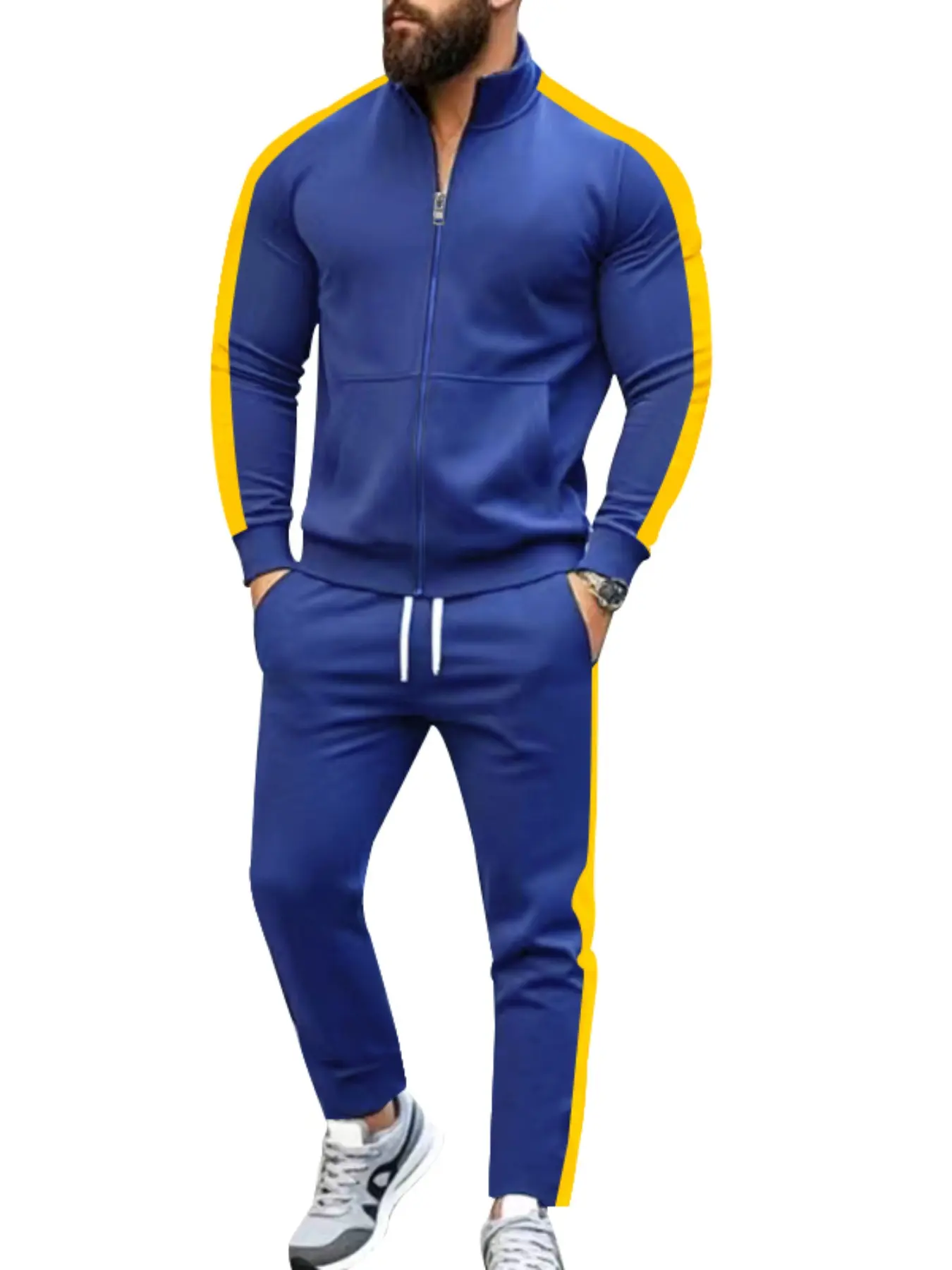 Men's sportswear set: a zip-up stand-collar sports long-sleeve top and sports pants with an elastic waist, featuring stripes and a kangaroo pocket. Suitable for sports, casual occasions and all-day wear. Athletic tracksuits, Casual Activewear Set