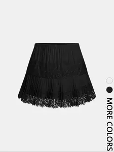 Women's Solid Color Lace Patchwork Pleated Short Skirt, Sweet, Elegant & Feminine Style, Leg-Lengthening Effect, A-line Silhouette