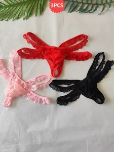 3-Pack Men's Sexy Thong Underwear All Seasons, Lace Waistband, Low-Rise Panties, Comfortable & Stylish, Perfect for Daily Wear