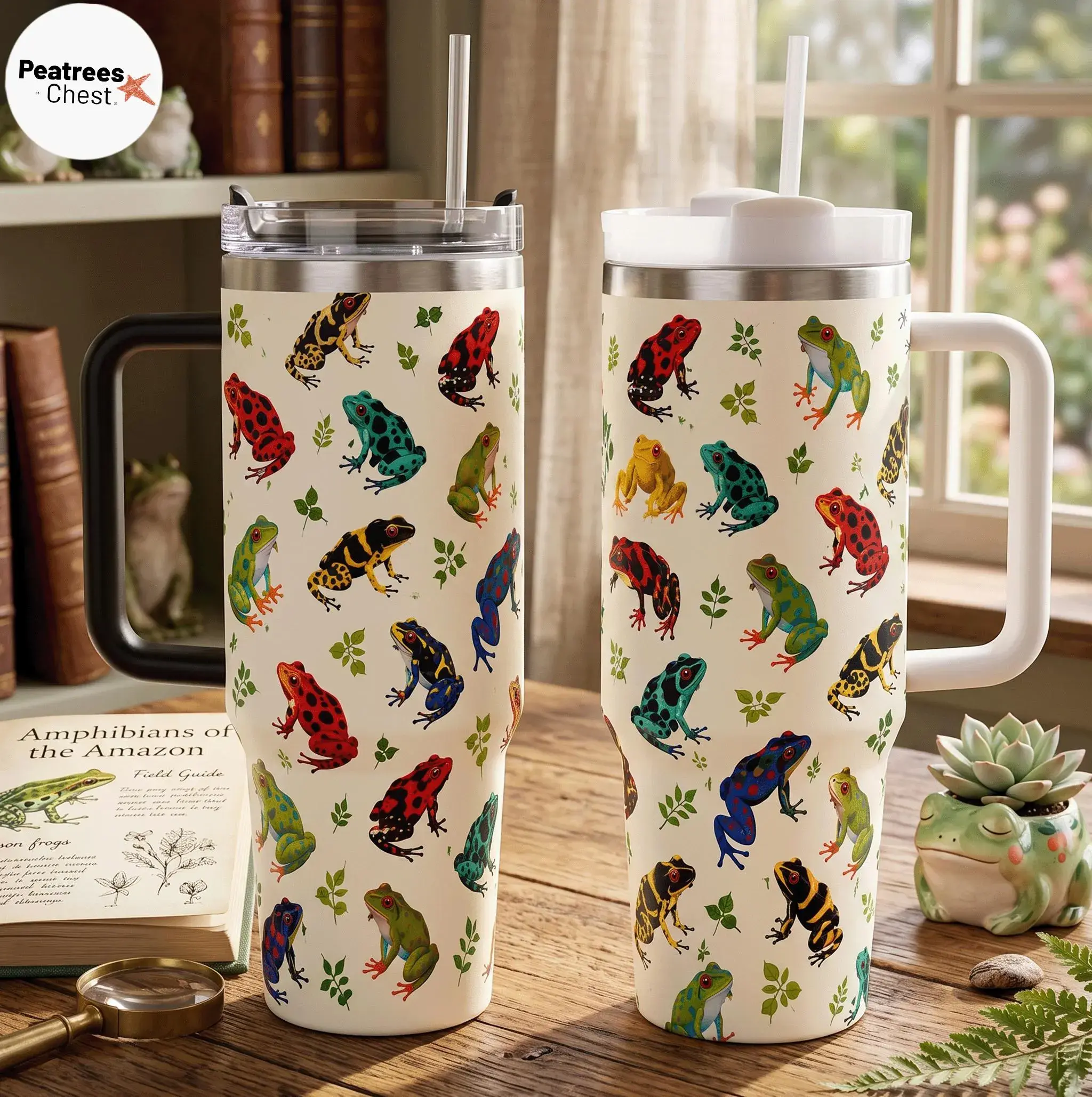 Frog Lover 40oz Tumbler with Handle | Rainforest Amphibian Travel Mug | Colorful Poison Dart Frog Pattern | Stainless Steel Nature Gift