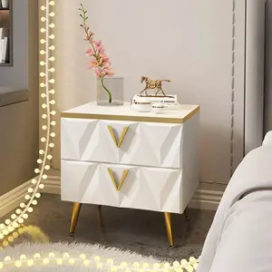 Homary Nordic White Nightstand 2-Drawer Bedside Table V-Shaped Facet & Gold Pulls in Small