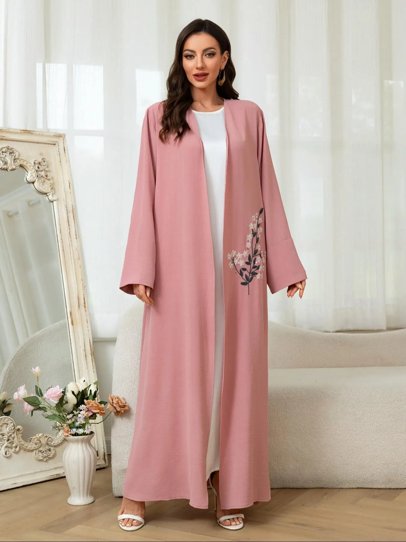 Women's Floral Embroidery Abaya, Modest Long Sleeve Open Front Abaya for Daily Wear, Ladies Islamic Clothing for All Seasons