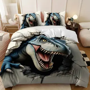 Bedding 3-piece set - 3PCS,Blue and white dinosaur with a hole design, down comforter set (1 duvet cover + 2 pillowcases, filling not included). soft and comfortable, suitable for family bedrooms.