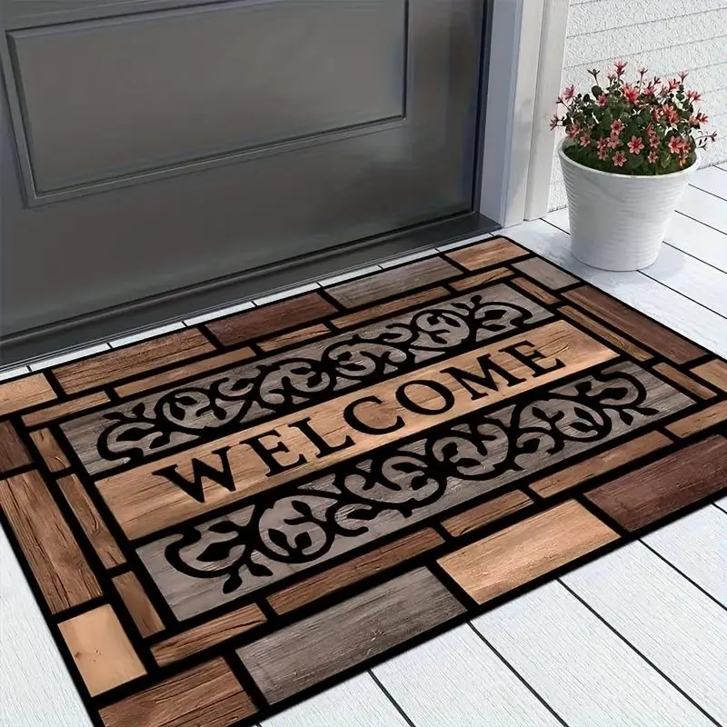 1pc Rustic Welcome Doormat - Durable, Anti-Slip Polyester with PVC Backing, Stylish Brown Pattern for Home Entrance & Decor, Welcome Mat for Front Door